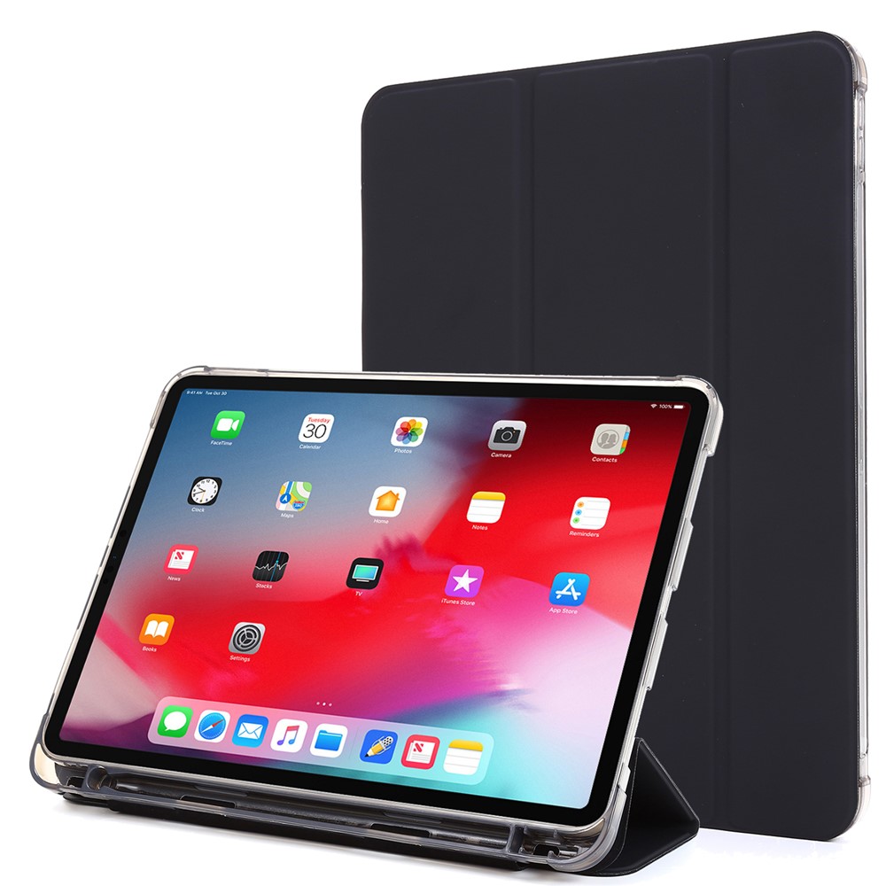 Tri-fold Stand Leather Tablet Cover Case with Pen Slot for iPad Pro 11-inch (2020)/(2018) - Black-1
