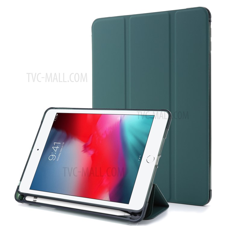 Tri-fold Stand Leather Tablet Shell with Pen Slot for iPad mini (2019) 7.9 inch/iPad mini 4/3/2/1 - Dark Green-1