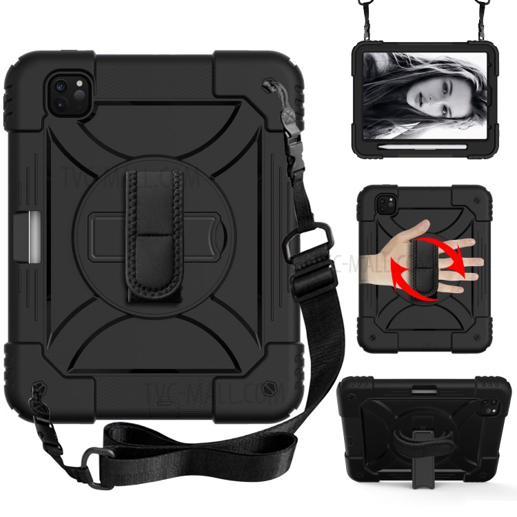 PC + TPU Shell with 360 Degree Swivel Kickstand Hand Strap and Shoulder Strap for iPad Pro 11-inch (2020)/(2018) - All Black-1