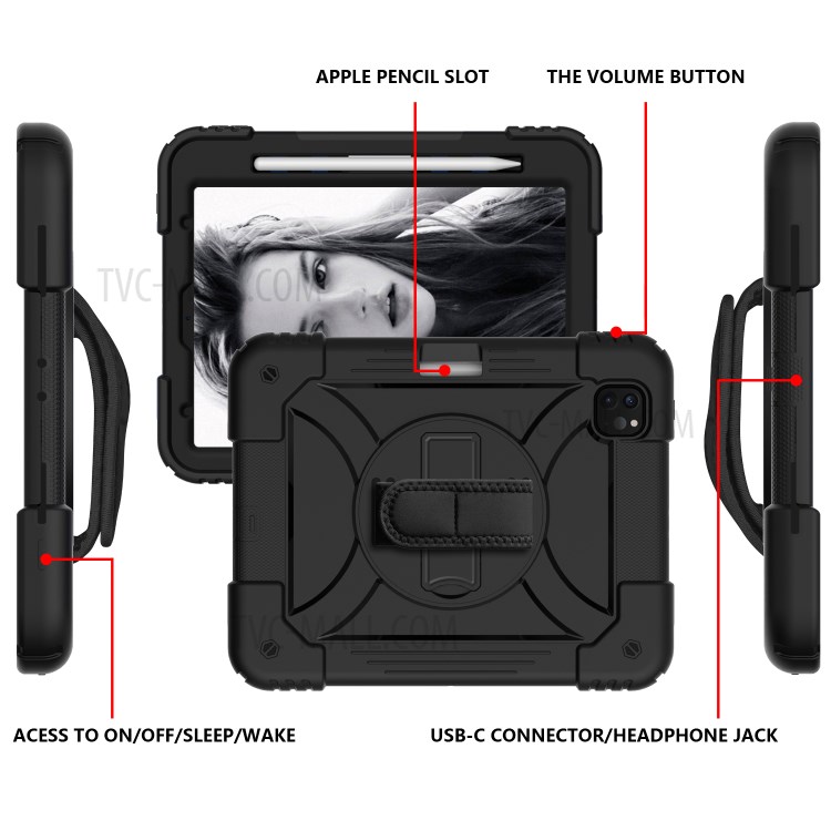 PC + TPU Shell with 360 Degree Swivel Kickstand Hand Strap and Shoulder Strap for iPad Pro 11-inch (2020)/(2018) - All Black-4