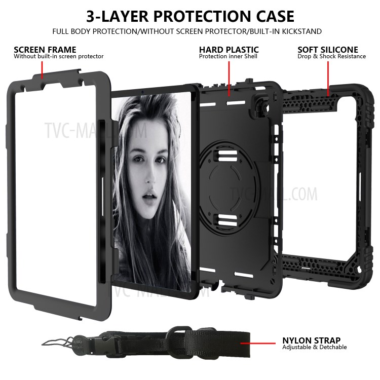 PC + TPU Shell with 360 Degree Swivel Kickstand Hand Strap and Shoulder Strap for iPad Pro 11-inch (2020)/(2018) - All Black-5