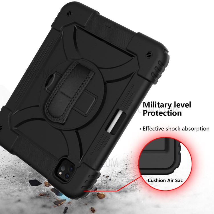 PC + TPU Shell with 360 Degree Swivel Kickstand Hand Strap and Shoulder Strap for iPad Pro 11-inch (2020)/(2018) - All Black-6