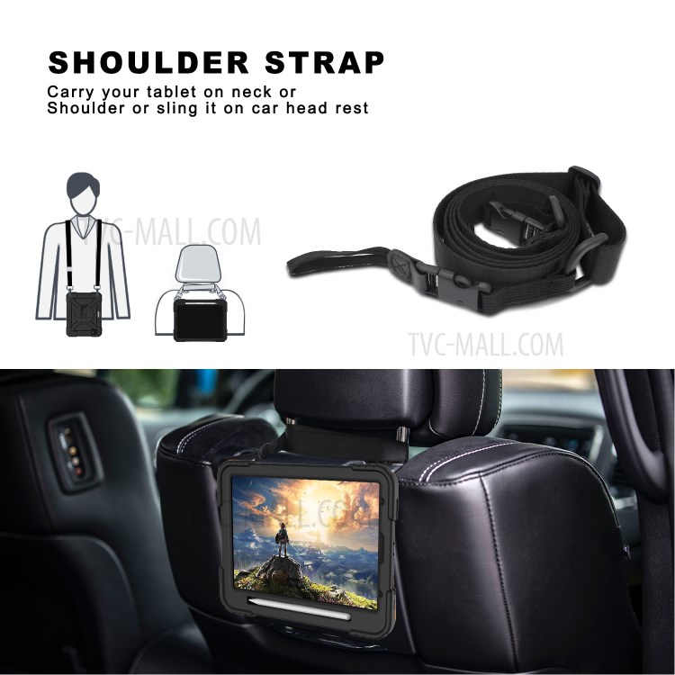 PC + TPU Shell with 360 Degree Swivel Kickstand Hand Strap and Shoulder Strap for iPad Pro 11-inch (2020)/(2018) - All Black-9