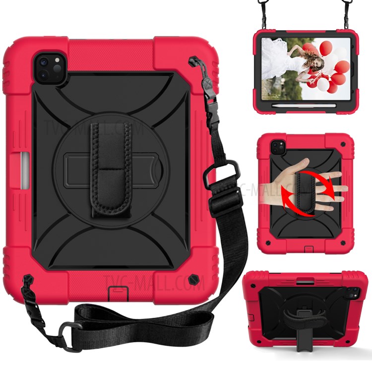 PC + TPU Shell with 360 Degree Swivel Kickstand Hand Strap and Shoulder Strap for iPad Pro 11-inch (2020)/(2018) - Red/Black-1