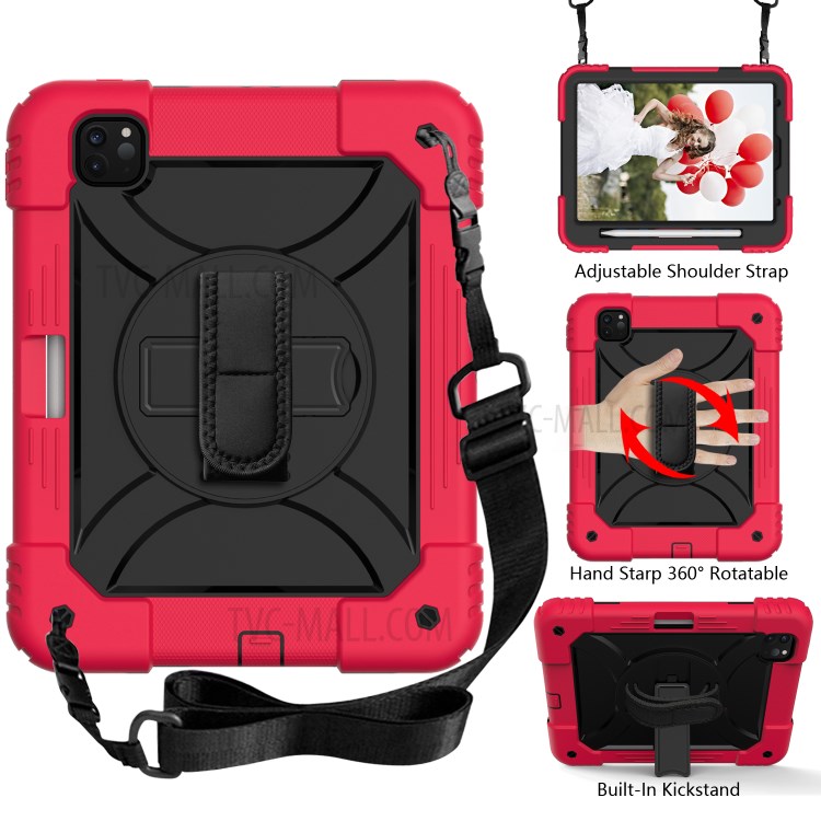 PC + TPU Shell with 360 Degree Swivel Kickstand Hand Strap and Shoulder Strap for iPad Pro 11-inch (2020)/(2018) - Red/Black-10