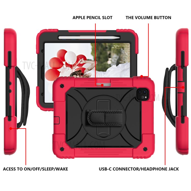 PC + TPU Shell with 360 Degree Swivel Kickstand Hand Strap and Shoulder Strap for iPad Pro 11-inch (2020)/(2018) - Red/Black-4
