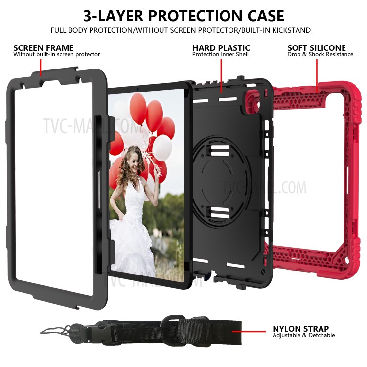 PC + TPU Shell with 360 Degree Swivel Kickstand Hand Strap and Shoulder Strap for iPad Pro 11-inch (2020)/(2018) - Red/Black-5