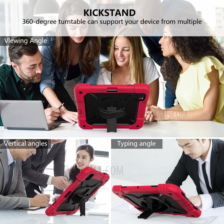 PC + TPU Shell with 360 Degree Swivel Kickstand Hand Strap and Shoulder Strap for iPad Pro 11-inch (2020)/(2018) - Red/Black-7