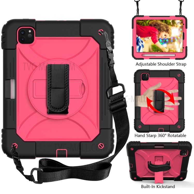 PC + TPU Shell with 360 Degree Swivel Kickstand Hand Strap and Shoulder Strap for iPad Pro 11-inch (2020)/(2018) - Black/Rose-10