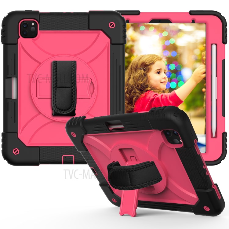 PC + TPU Shell with 360 Degree Swivel Kickstand Hand Strap and Shoulder Strap for iPad Pro 11-inch (2020)/(2018) - Black/Rose-2