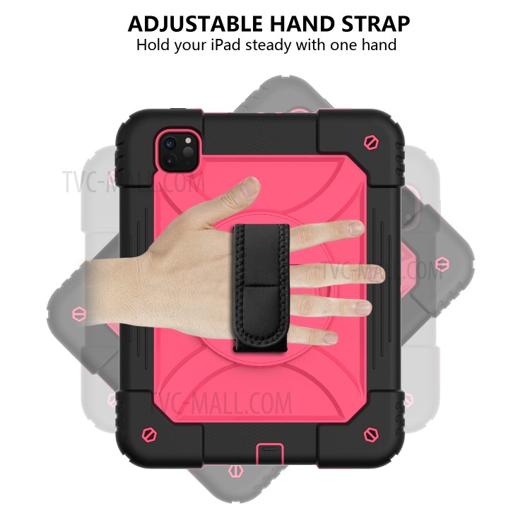 PC + TPU Shell with 360 Degree Swivel Kickstand Hand Strap and Shoulder Strap for iPad Pro 11-inch (2020)/(2018) - Black/Rose-3