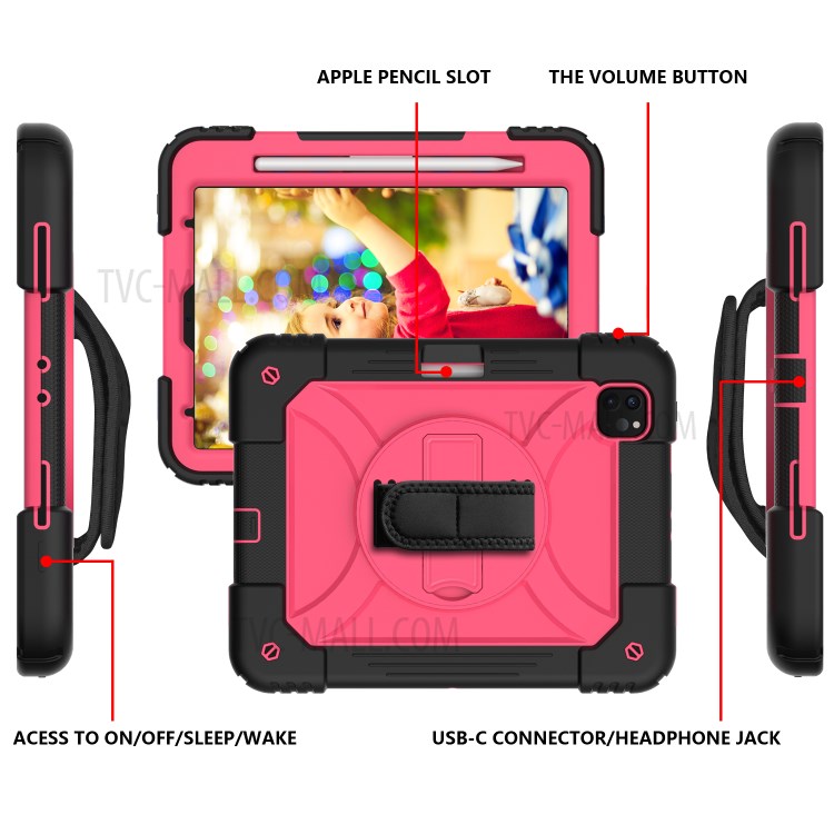 PC + TPU Shell with 360 Degree Swivel Kickstand Hand Strap and Shoulder Strap for iPad Pro 11-inch (2020)/(2018) - Black/Rose-4