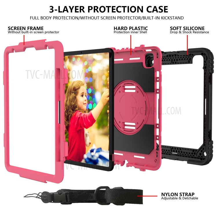 PC + TPU Shell with 360 Degree Swivel Kickstand Hand Strap and Shoulder Strap for iPad Pro 11-inch (2020)/(2018) - Black/Rose-5