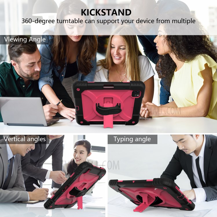 PC + TPU Shell with 360 Degree Swivel Kickstand Hand Strap and Shoulder Strap for iPad Pro 11-inch (2020)/(2018) - Black/Rose-7