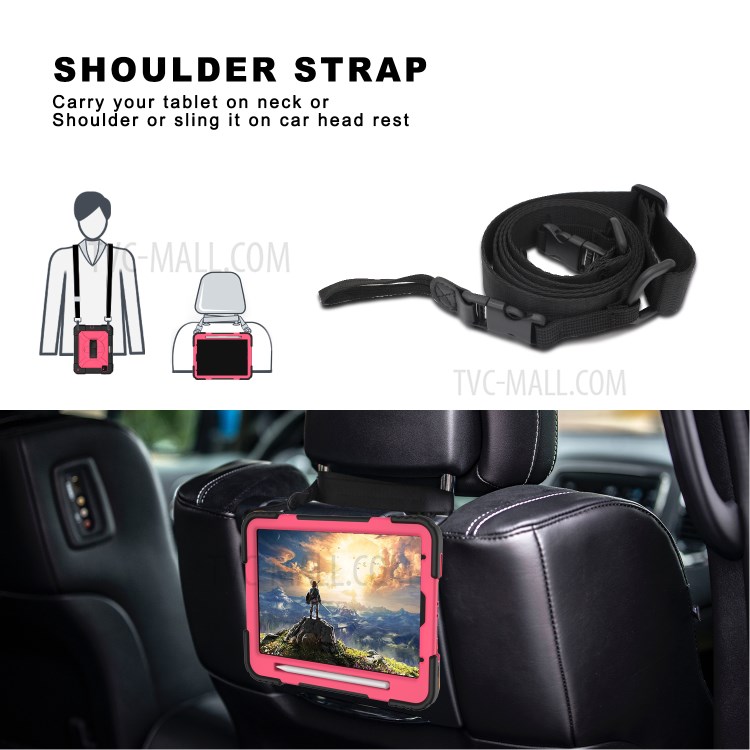 PC + TPU Shell with 360 Degree Swivel Kickstand Hand Strap and Shoulder Strap for iPad Pro 11-inch (2020)/(2018) - Black/Rose-9