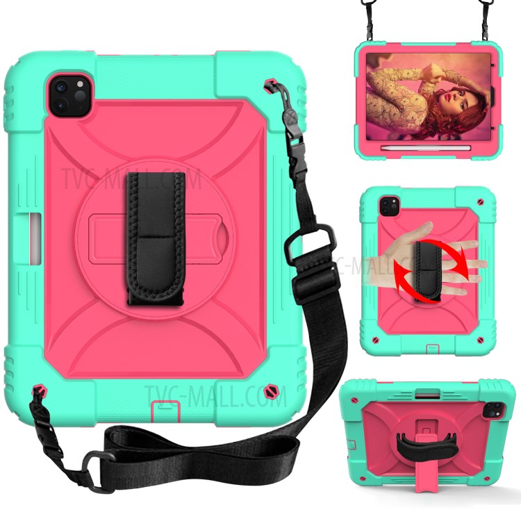 PC + TPU Shell with 360 Degree Swivel Kickstand Hand Strap and Shoulder Strap for iPad Pro 11-inch (2020)/(2018) - Green/Rose-1