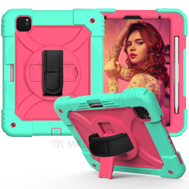 PC + TPU Shell with 360 Degree Swivel Kickstand Hand Strap and Shoulder Strap for iPad Pro 11-inch (2020)/(2018) - Green/Rose-2