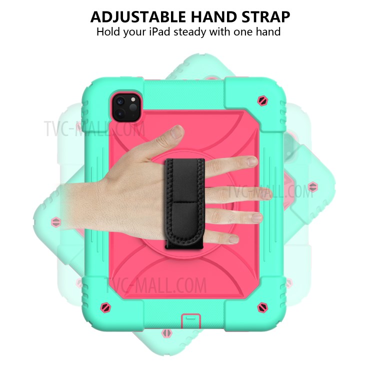 PC + TPU Shell with 360 Degree Swivel Kickstand Hand Strap and Shoulder Strap for iPad Pro 11-inch (2020)/(2018) - Green/Rose-3