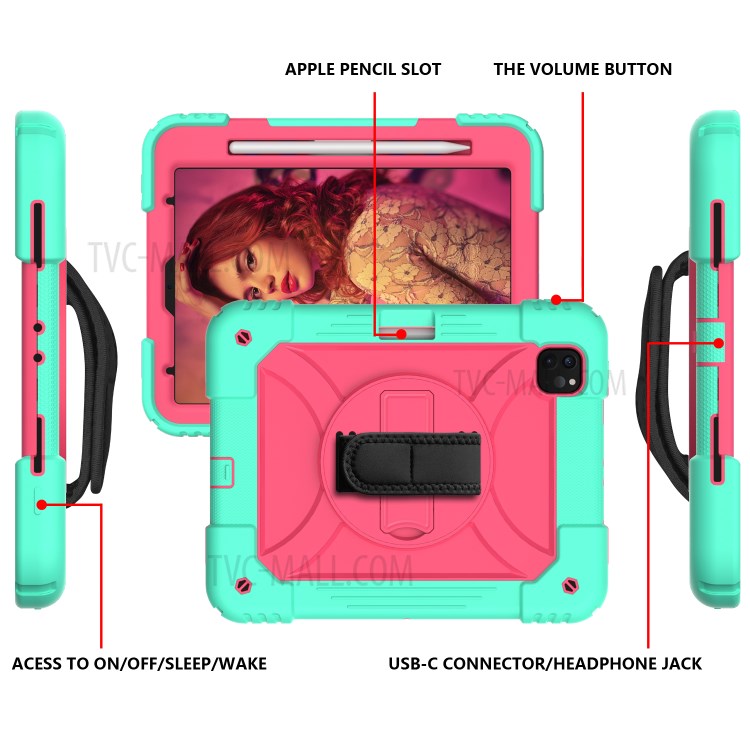 PC + TPU Shell with 360 Degree Swivel Kickstand Hand Strap and Shoulder Strap for iPad Pro 11-inch (2020)/(2018) - Green/Rose-4