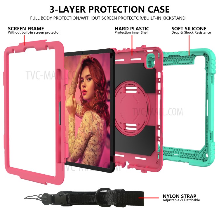 PC + TPU Shell with 360 Degree Swivel Kickstand Hand Strap and Shoulder Strap for iPad Pro 11-inch (2020)/(2018) - Green/Rose-5