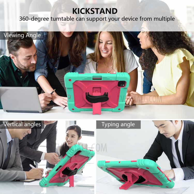 PC + TPU Shell with 360 Degree Swivel Kickstand Hand Strap and Shoulder Strap for iPad Pro 11-inch (2020)/(2018) - Green/Rose-7