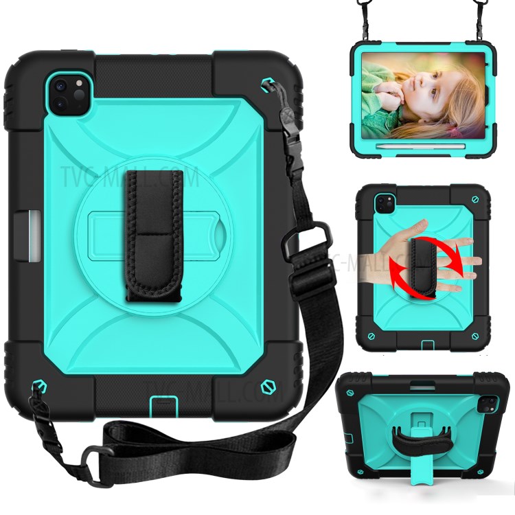 PC + TPU Shell with 360 Degree Swivel Kickstand Hand Strap and Shoulder Strap for iPad Pro 11-inch (2020)/(2018) - Black/Cyan-1