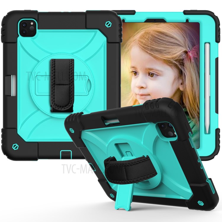 PC + TPU Shell with 360 Degree Swivel Kickstand Hand Strap and Shoulder Strap for iPad Pro 11-inch (2020)/(2018) - Black/Cyan-2