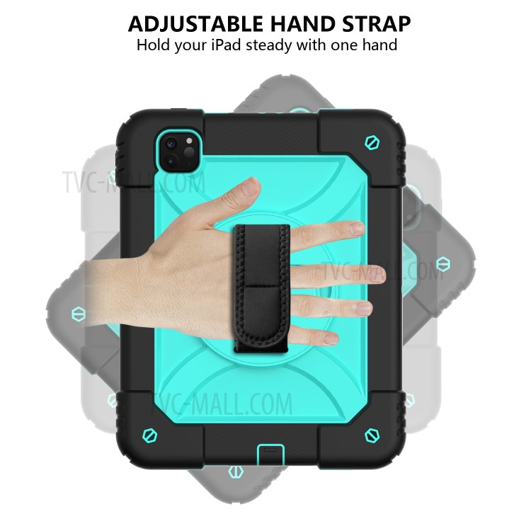 PC + TPU Shell with 360 Degree Swivel Kickstand Hand Strap and Shoulder Strap for iPad Pro 11-inch (2020)/(2018) - Black/Cyan-3