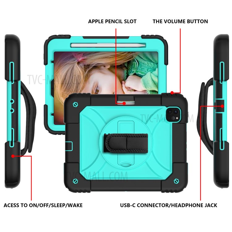 PC + TPU Shell with 360 Degree Swivel Kickstand Hand Strap and Shoulder Strap for iPad Pro 11-inch (2020)/(2018) - Black/Cyan-4