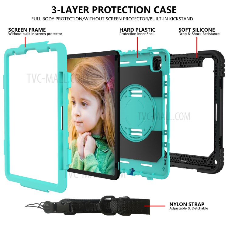 PC + TPU Shell with 360 Degree Swivel Kickstand Hand Strap and Shoulder Strap for iPad Pro 11-inch (2020)/(2018) - Black/Cyan-5