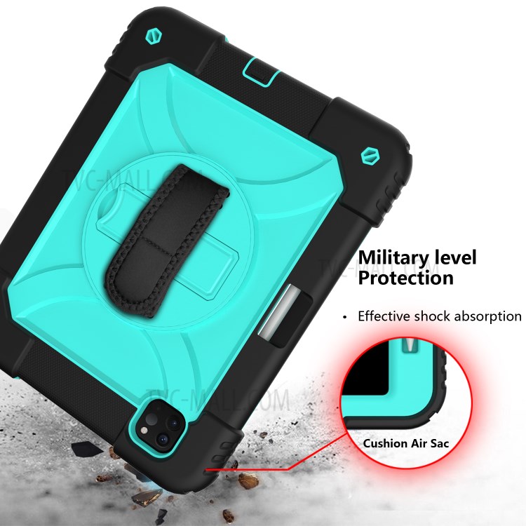 PC + TPU Shell with 360 Degree Swivel Kickstand Hand Strap and Shoulder Strap for iPad Pro 11-inch (2020)/(2018) - Black/Cyan-6