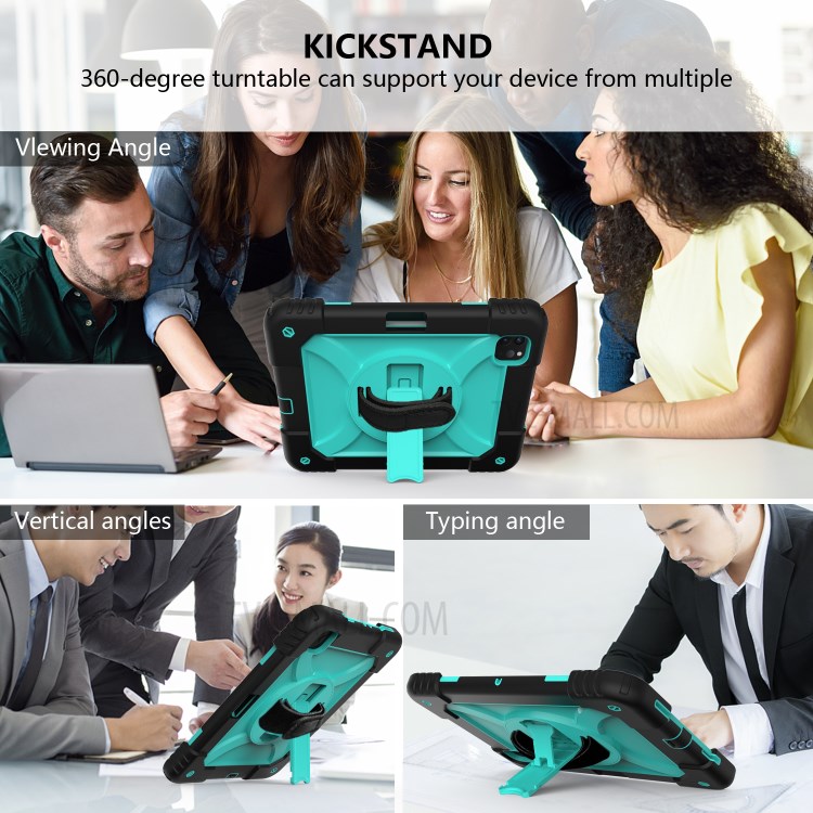PC + TPU Shell with 360 Degree Swivel Kickstand Hand Strap and Shoulder Strap for iPad Pro 11-inch (2020)/(2018) - Black/Cyan-7