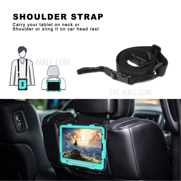 PC + TPU Shell with 360 Degree Swivel Kickstand Hand Strap and Shoulder Strap for iPad Pro 11-inch (2020)/(2018) - Black/Cyan-9