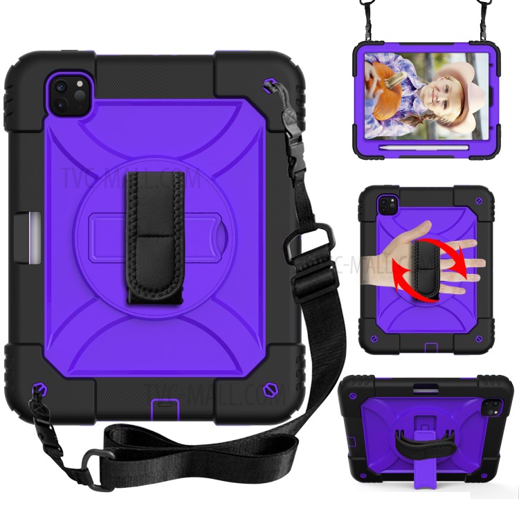 PC + TPU Shell with 360 Degree Swivel Kickstand Hand Strap and Shoulder Strap for iPad Pro 11-inch (2020)/(2018) - Black/Purple-1