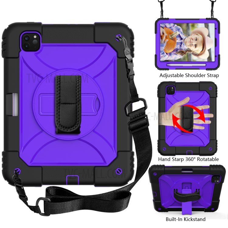 PC + TPU Shell with 360 Degree Swivel Kickstand Hand Strap and Shoulder Strap for iPad Pro 11-inch (2020)/(2018) - Black/Purple-10