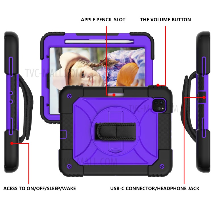 PC + TPU Shell with 360 Degree Swivel Kickstand Hand Strap and Shoulder Strap for iPad Pro 11-inch (2020)/(2018) - Black/Purple-4