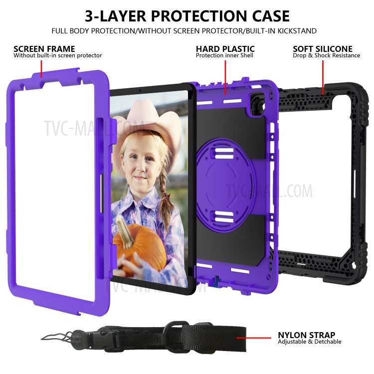 PC + TPU Shell with 360 Degree Swivel Kickstand Hand Strap and Shoulder Strap for iPad Pro 11-inch (2020)/(2018) - Black/Purple-5