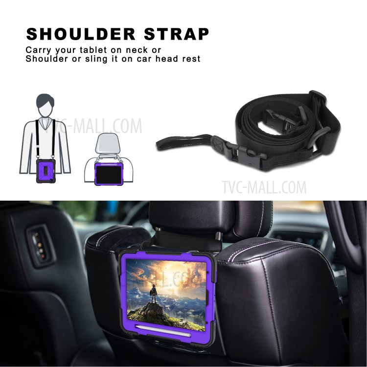 PC + TPU Shell with 360 Degree Swivel Kickstand Hand Strap and Shoulder Strap for iPad Pro 11-inch (2020)/(2018) - Black/Purple-9