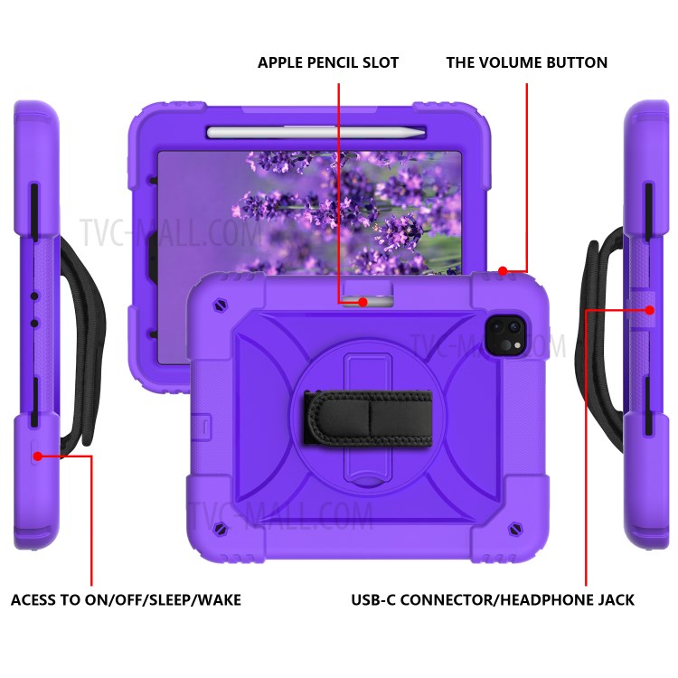 PC + TPU Shell with 360 Degree Swivel Kickstand Hand Strap and Shoulder Strap for iPad Pro 11-inch (2020)/(2018) - Purple-4