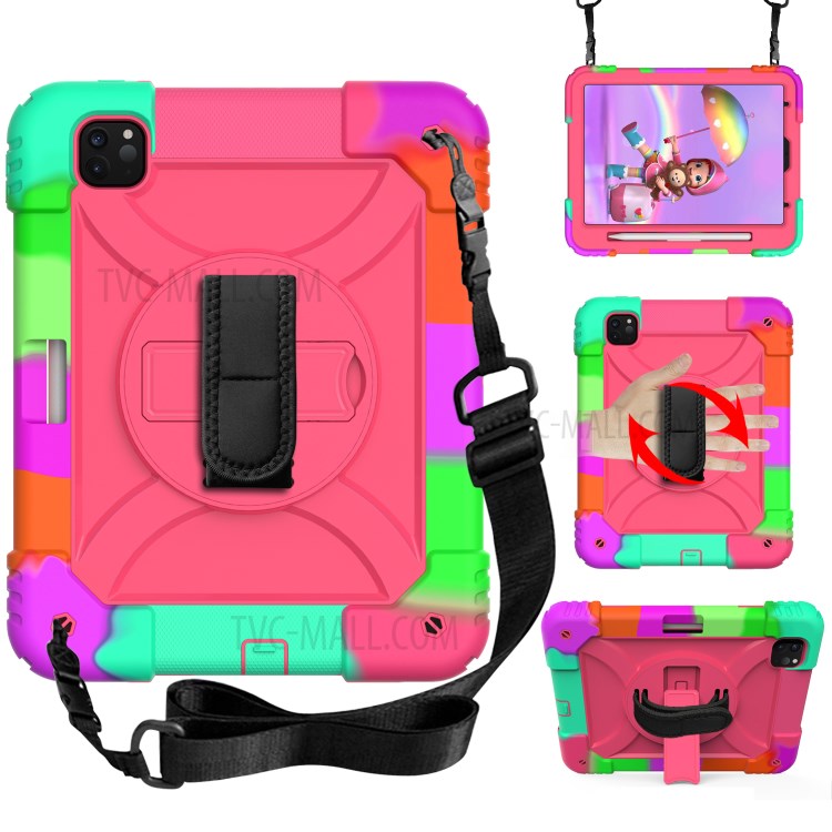 Rainbow Style 360° Swivel Handy Strap Kickstand PC Silicone Tablet Shell with Shoulder Strap for iPad Pro 11-inch (2020)/(2018) - Rainbow/Rose-1