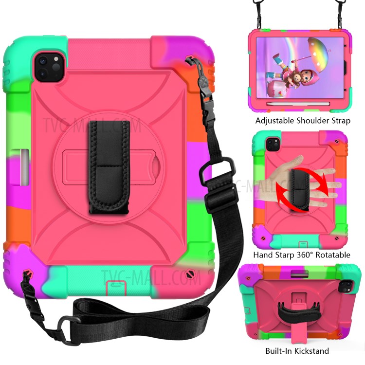 Rainbow Style 360° Swivel Handy Strap Kickstand PC Silicone Tablet Shell with Shoulder Strap for iPad Pro 11-inch (2020)/(2018) - Rainbow/Rose-10