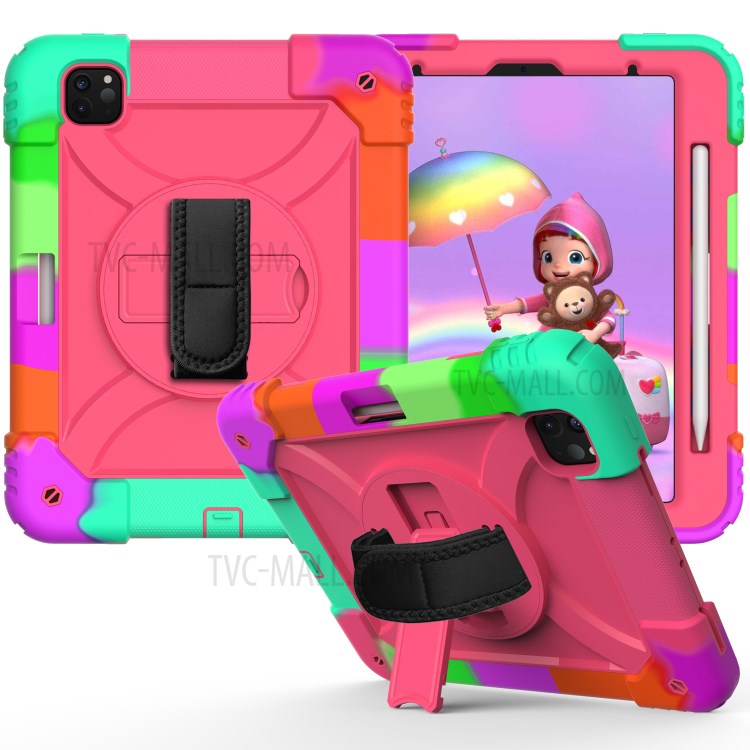 Rainbow Style 360° Swivel Handy Strap Kickstand PC Silicone Tablet Shell with Shoulder Strap for iPad Pro 11-inch (2020)/(2018) - Rainbow/Rose-2