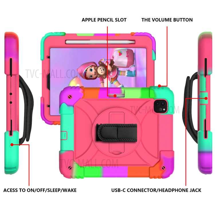 Rainbow Style 360° Swivel Handy Strap Kickstand PC Silicone Tablet Shell with Shoulder Strap for iPad Pro 11-inch (2020)/(2018) - Rainbow/Rose-4