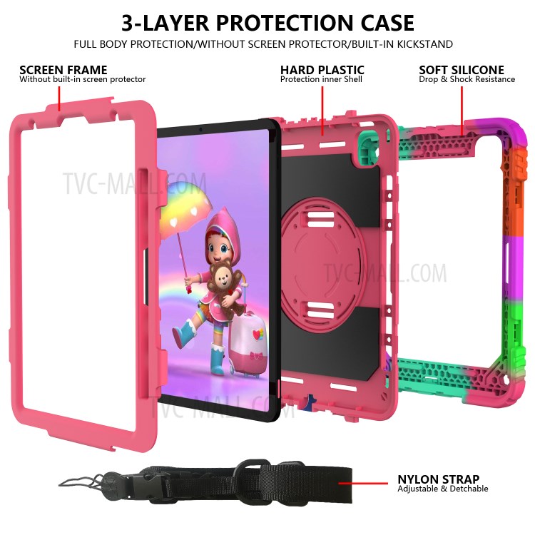 Rainbow Style 360° Swivel Handy Strap Kickstand PC Silicone Tablet Shell with Shoulder Strap for iPad Pro 11-inch (2020)/(2018) - Rainbow/Rose-5