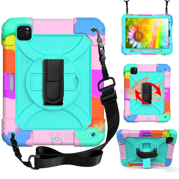 Rainbow Style 360° Swivel Handy Strap Kickstand PC Silicone Tablet Shell with Shoulder Strap for iPad Pro 11-inch (2020)/(2018) - Rainbow/Blue-1