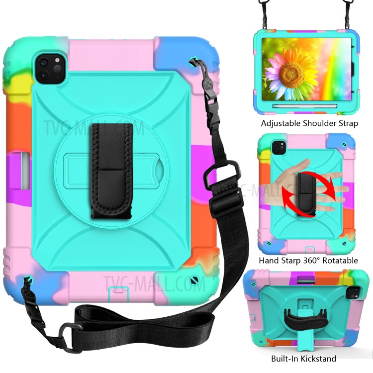 Rainbow Style 360° Swivel Handy Strap Kickstand PC Silicone Tablet Shell with Shoulder Strap for iPad Pro 11-inch (2020)/(2018) - Rainbow/Blue-10