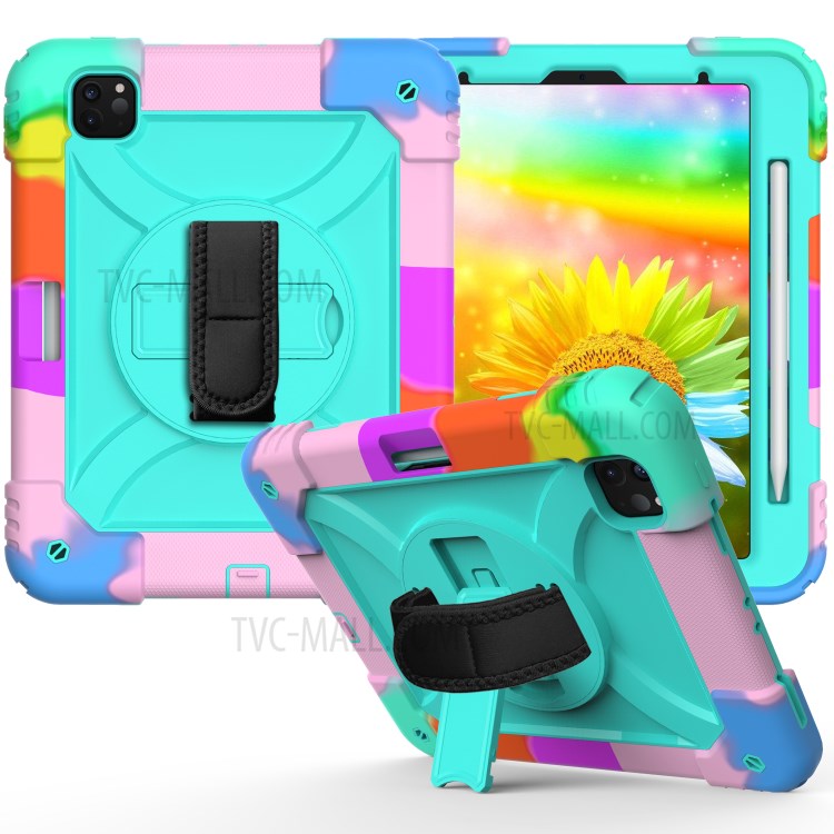 Rainbow Style 360° Swivel Handy Strap Kickstand PC Silicone Tablet Shell with Shoulder Strap for iPad Pro 11-inch (2020)/(2018) - Rainbow/Blue-2