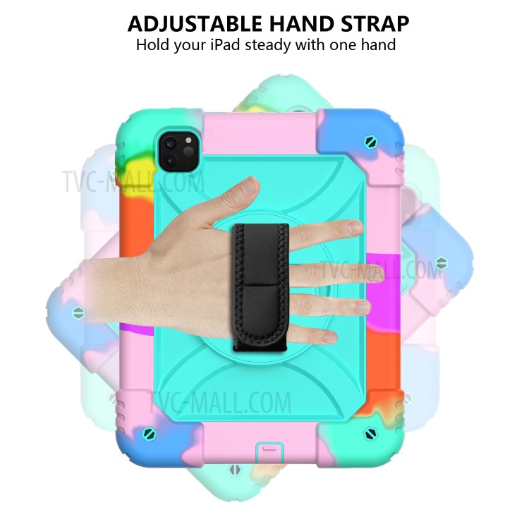 Rainbow Style 360° Swivel Handy Strap Kickstand PC Silicone Tablet Shell with Shoulder Strap for iPad Pro 11-inch (2020)/(2018) - Rainbow/Blue-3