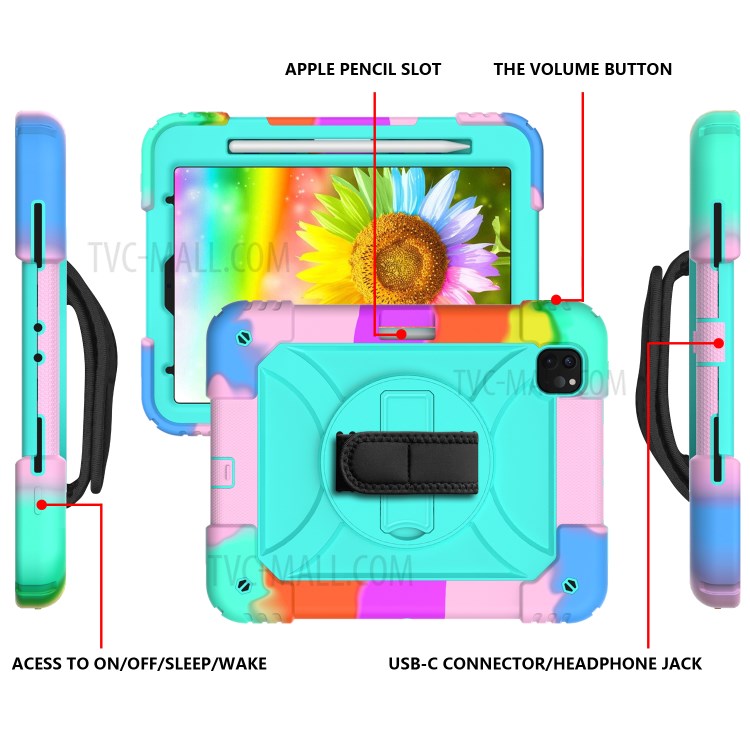 Rainbow Style 360° Swivel Handy Strap Kickstand PC Silicone Tablet Shell with Shoulder Strap for iPad Pro 11-inch (2020)/(2018) - Rainbow/Blue-4