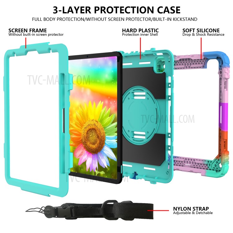 Rainbow Style 360° Swivel Handy Strap Kickstand PC Silicone Tablet Shell with Shoulder Strap for iPad Pro 11-inch (2020)/(2018) - Rainbow/Blue-5